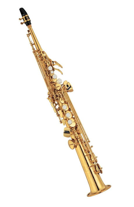Yamaha YSS-475 intermediate soprano saxophone in gold lacquered brass. Clear tone, precise intonation, and reliable Yamaha craftsmanship.